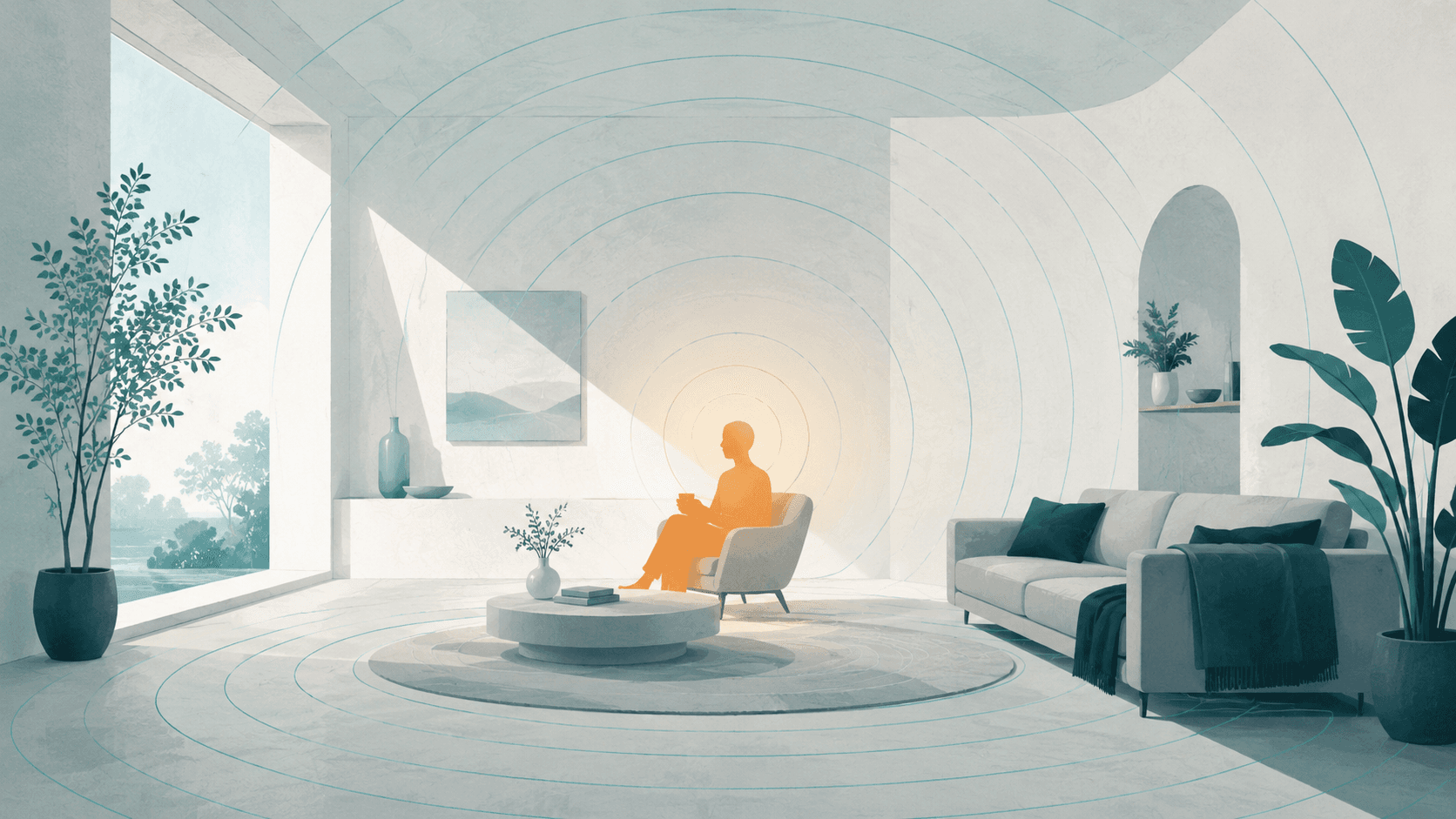 A calm, sunlit living room with a single warm point of presence and gentle teal ripples filling the space — awareness without a camera.