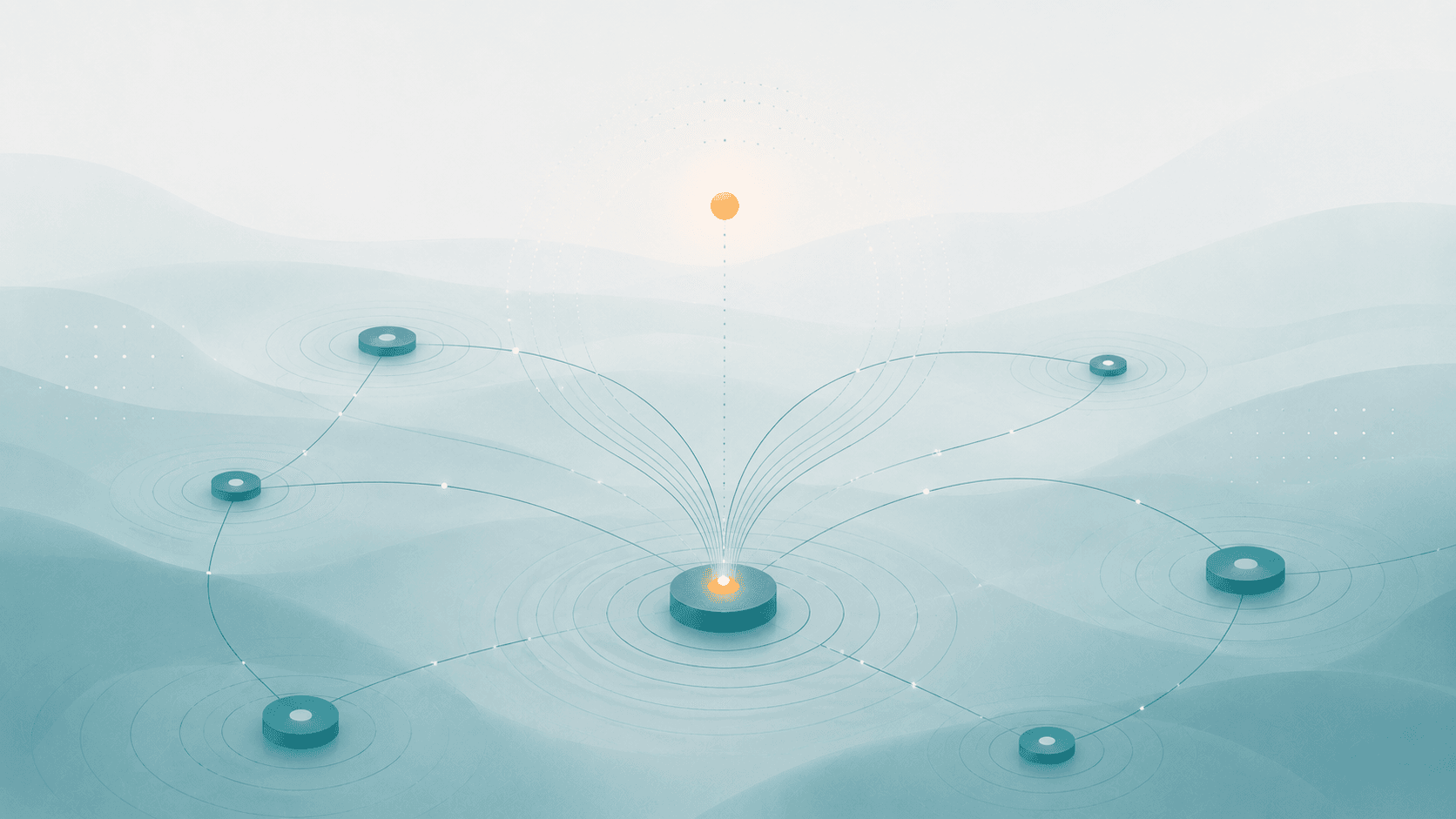 An elegant sensing platform: soft nodes connected by calm waveforms across a cool field, signals resolving into clean ordered patterns — technical but serene.