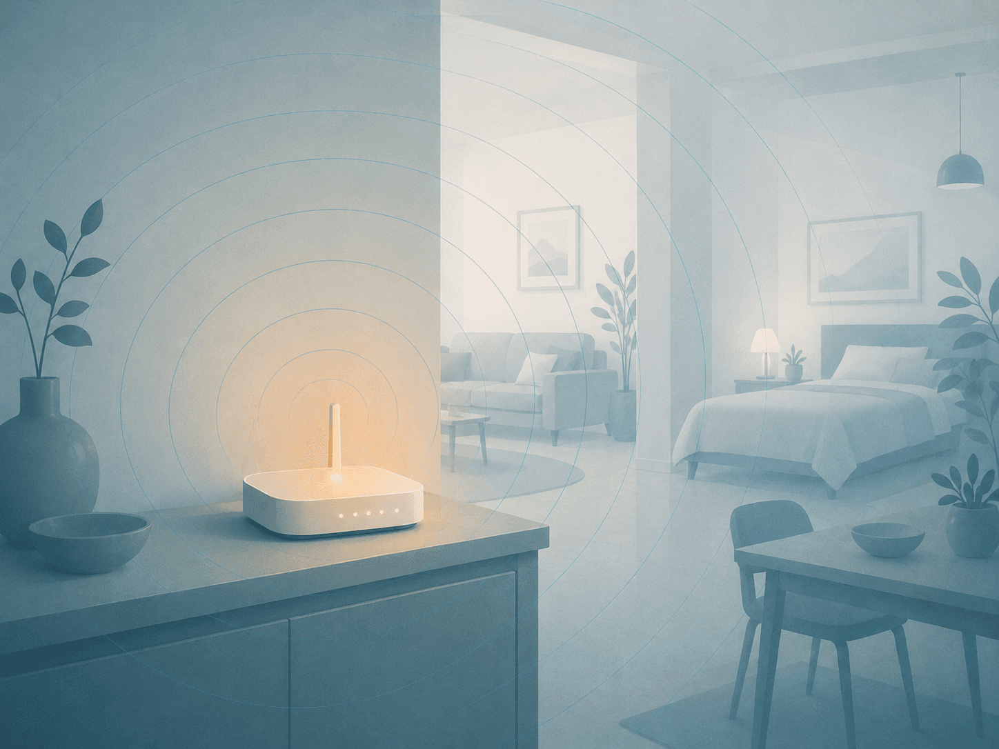 A friendly Wi-Fi router emitting gentle concentric ripples of awareness through a calm home — ambient intelligence added to hardware already there.