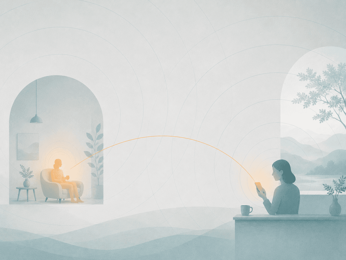 Two warm points connected by a calm arc across a cool space — a quiet, reassuring signal reaching the right caregiver.
