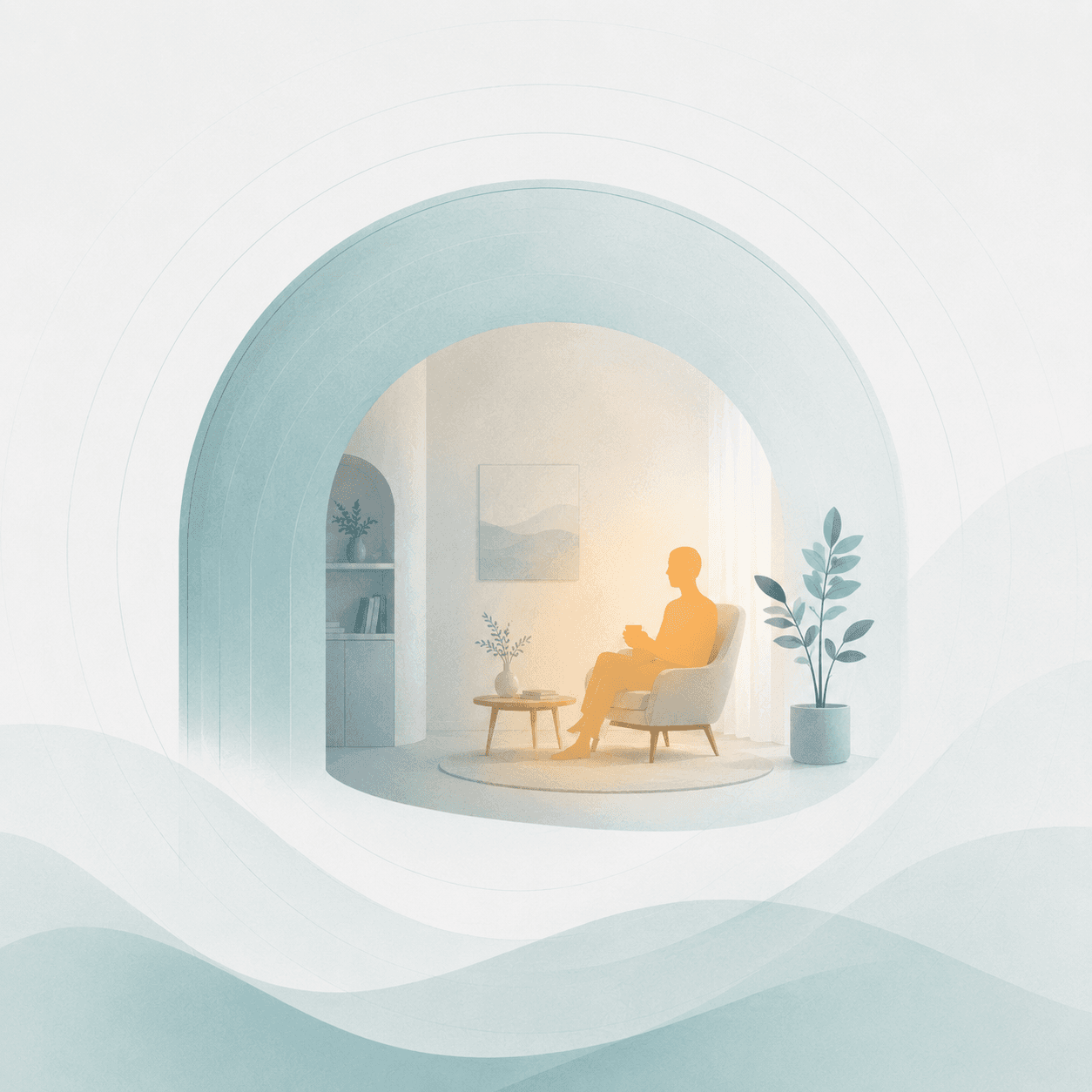 A private room wrapped in a gentle protective arc with one warm presence inside — awareness without anything watching.