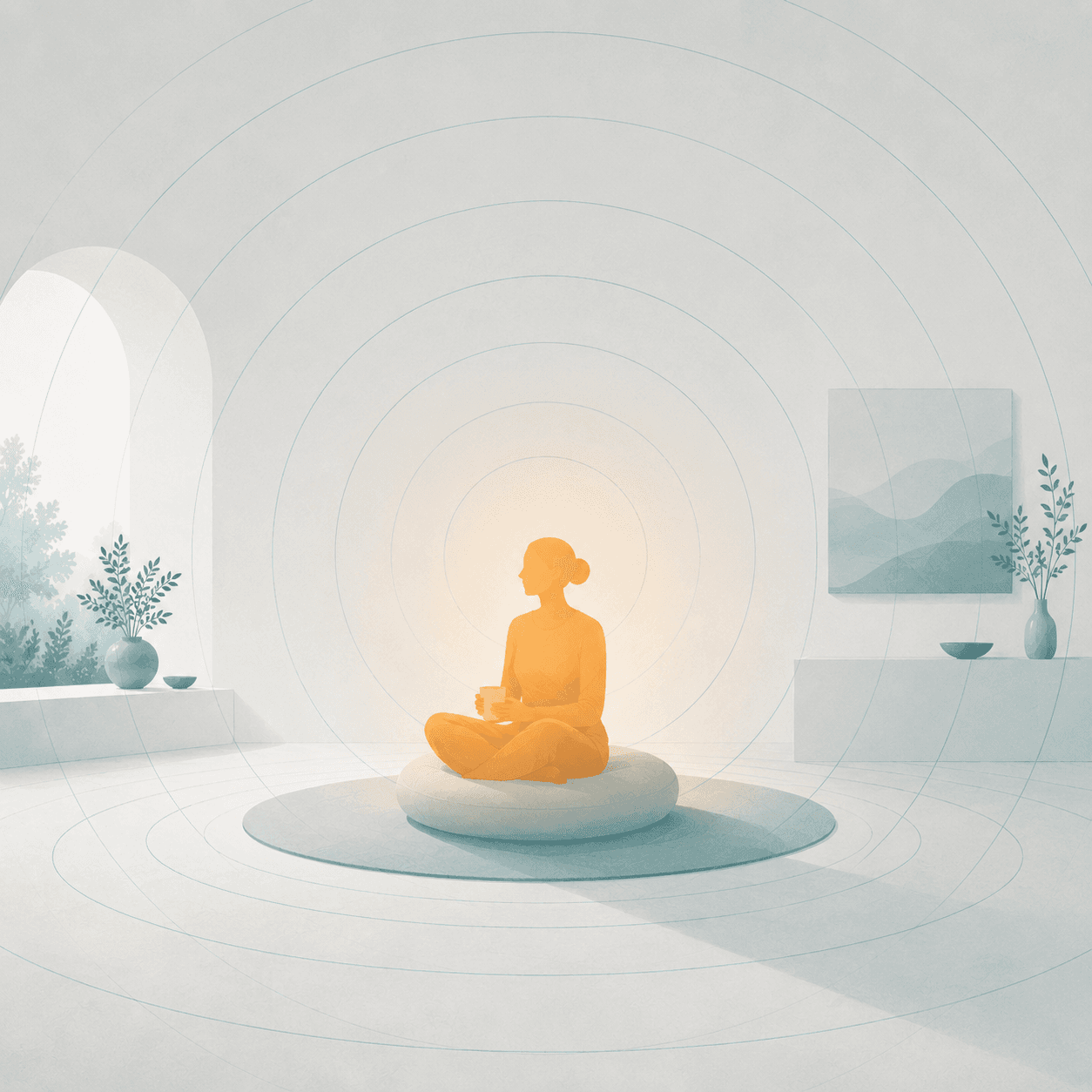A person at ease as ripples emanate naturally from the room around them — sensing that needs nothing worn or held.