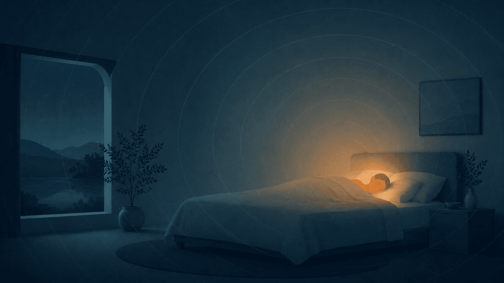 A darkened bedroom at night, a sleeping presence shown as a soft warm glow, with the faintest ripple watching over the room.